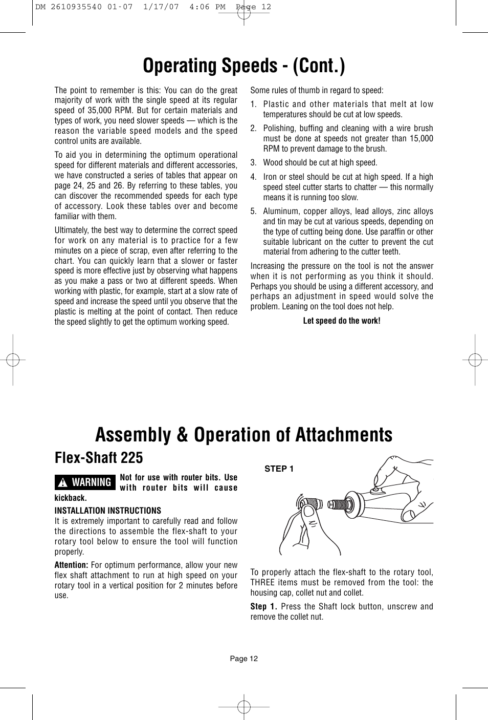 Assembly & operation of attachments, Operating speeds - (cont.), Flex-shaft 225 | Dremel F013039519 User Manual | Page 12 / 88