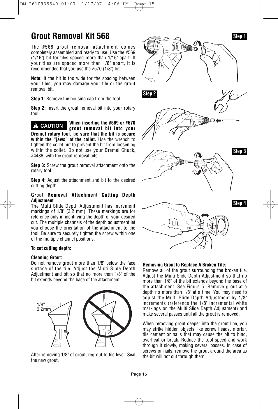 Grout removal kit 568 | Dremel F013039519 User Manual | Page 15 / 88