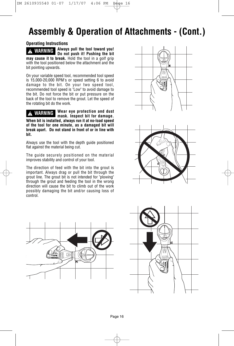 Assembly & operation of attachments - (cont.) | Dremel F013039519 User Manual | Page 16 / 88