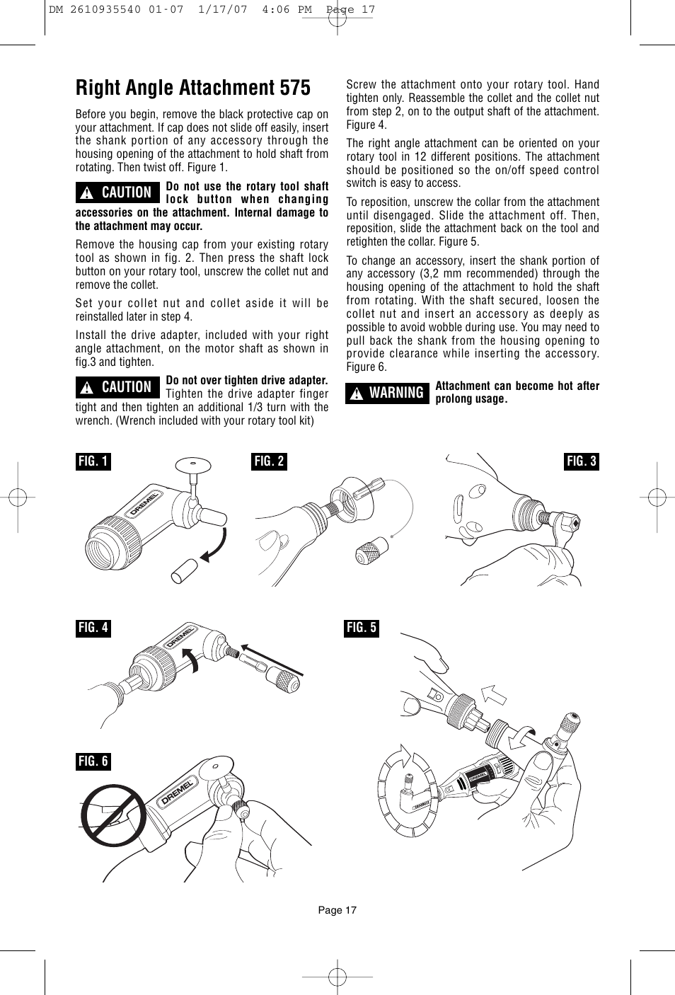 Right angle attachment 575, Warning, Caution | Dremel F013039519 User Manual | Page 17 / 88