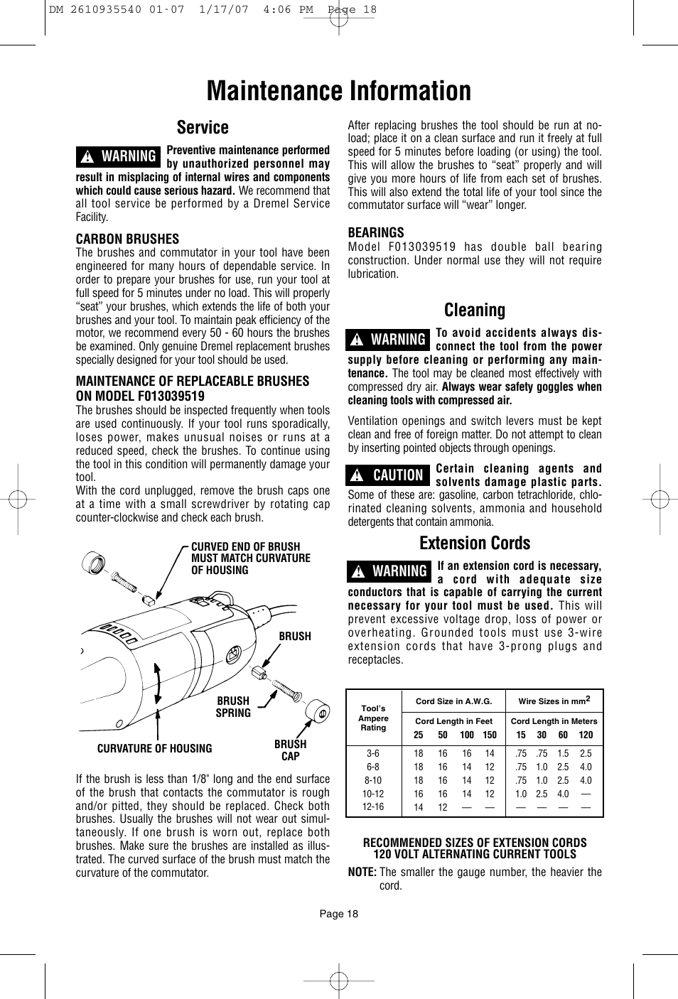 Maintenance information, Service, Cleaning | Extension cords, Warning, Caution | Dremel F013039519 User Manual | Page 18 / 88