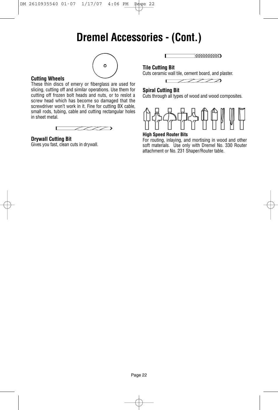 Dremel accessories - (cont.) | Dremel F013039519 User Manual | Page 22 / 88