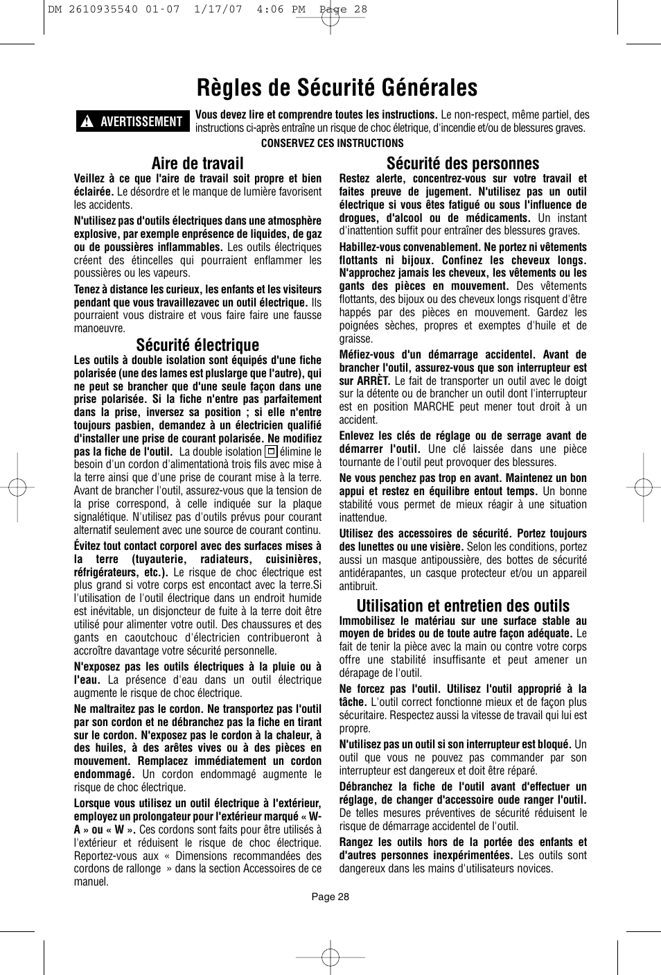 Règles de sécurité générales, Aire de travail, Sécurité électrique | Sécurité des personnes, Utilisation et entretien des outils | Dremel F013039519 User Manual | Page 28 / 88