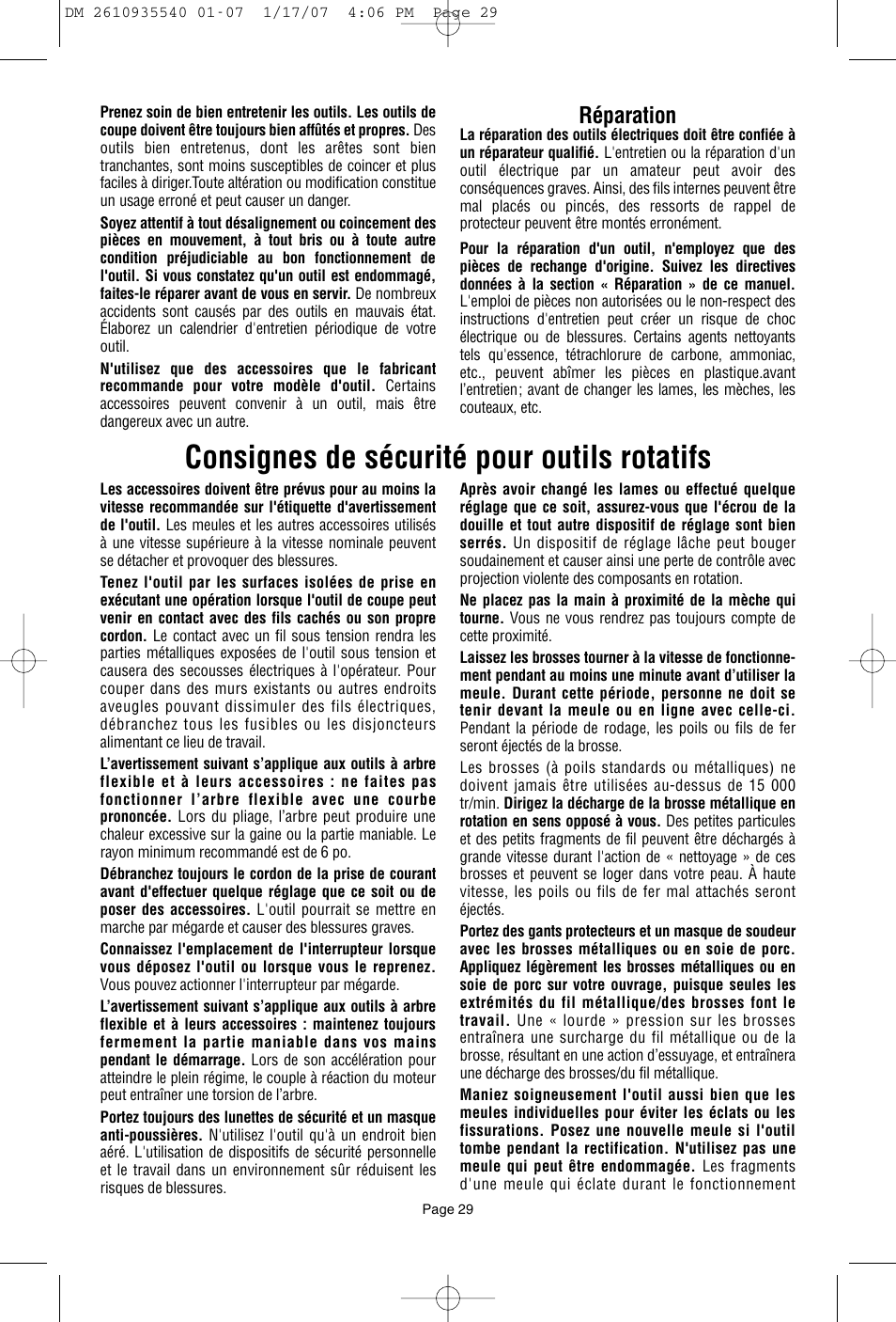 Consignes de sécurité pour outils rotatifs, Réparation | Dremel F013039519 User Manual | Page 29 / 88