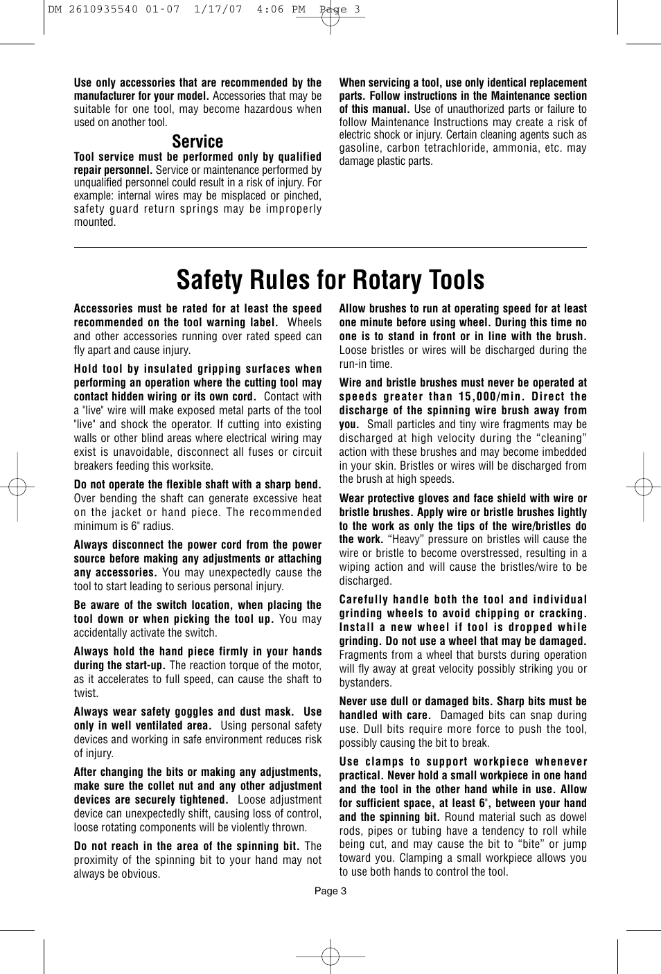 Safety rules for rotary tools, Service | Dremel F013039519 User Manual | Page 3 / 88