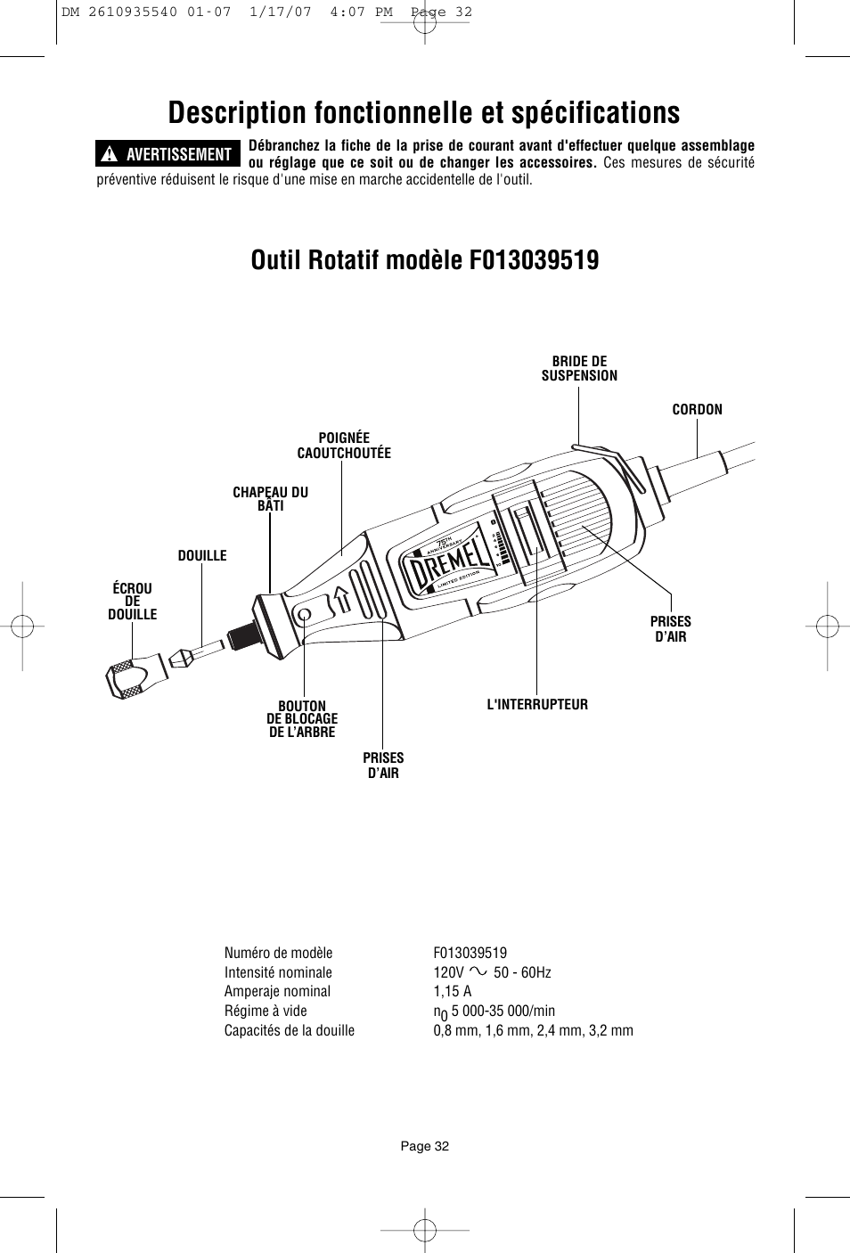 Description fonctionnelle et spécifications | Dremel F013039519 User Manual | Page 32 / 88