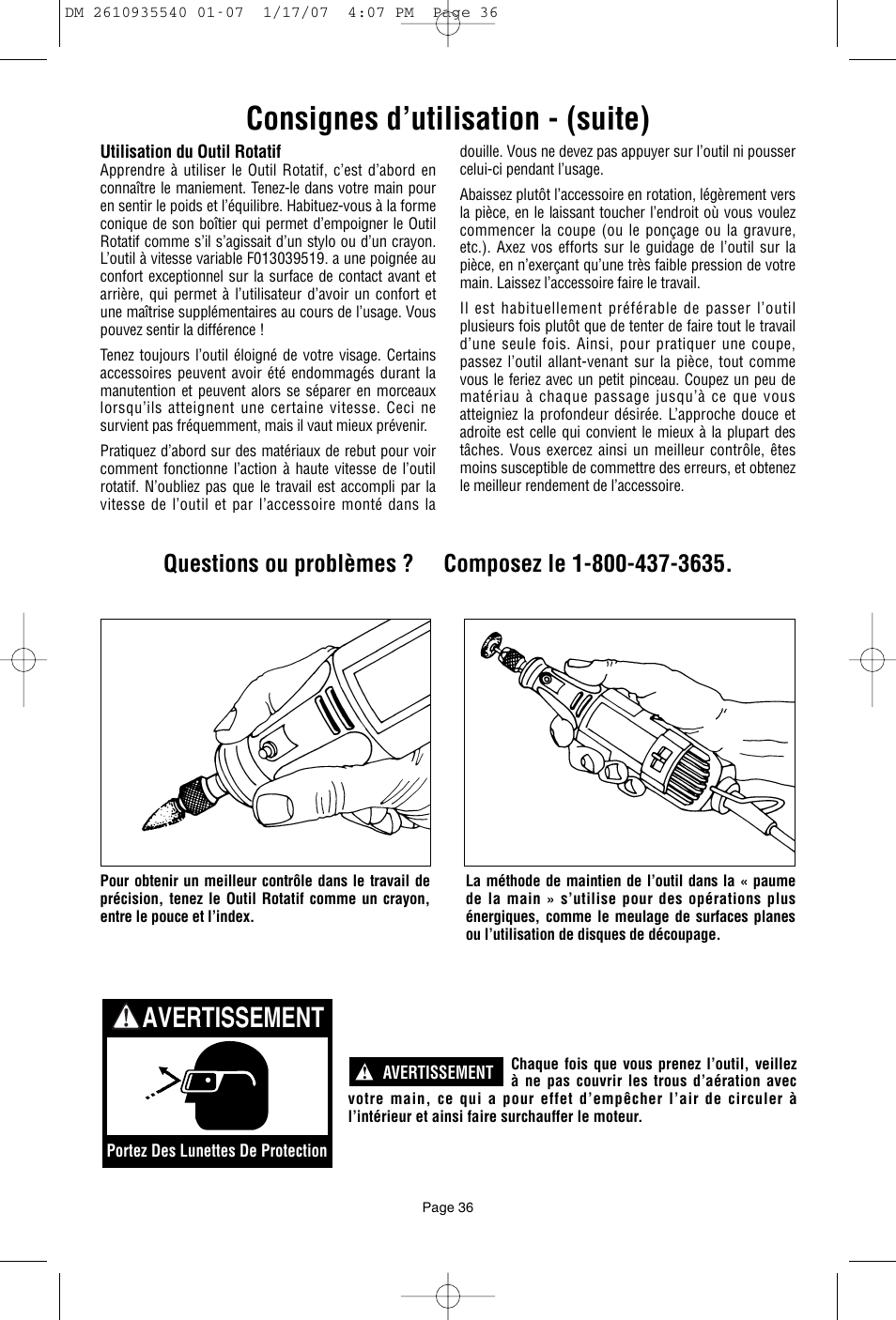 Consignes d’utilisation - (suite), Avertissement | Dremel F013039519 User Manual | Page 36 / 88