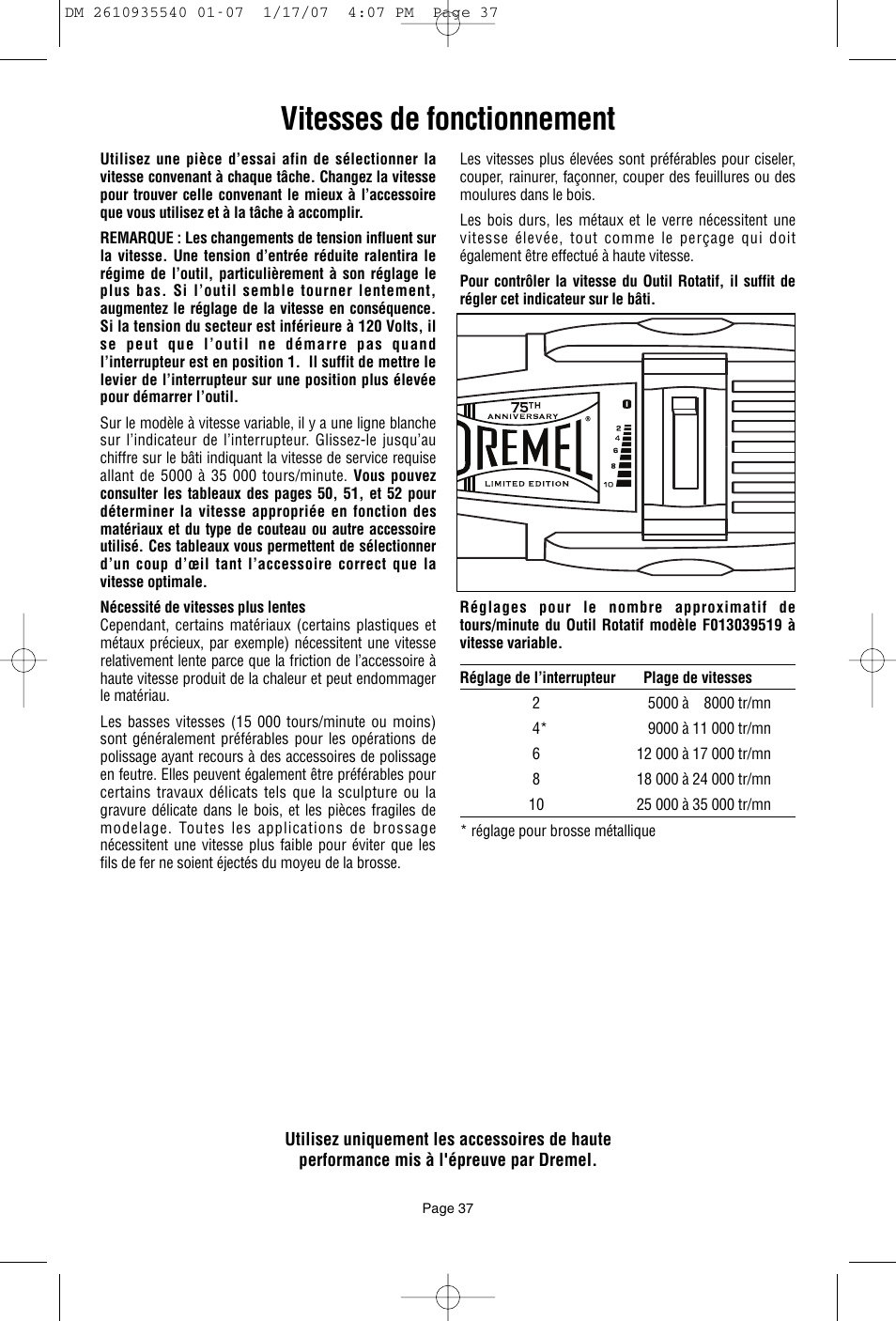 Vitesses de fonctionnement | Dremel F013039519 User Manual | Page 37 / 88