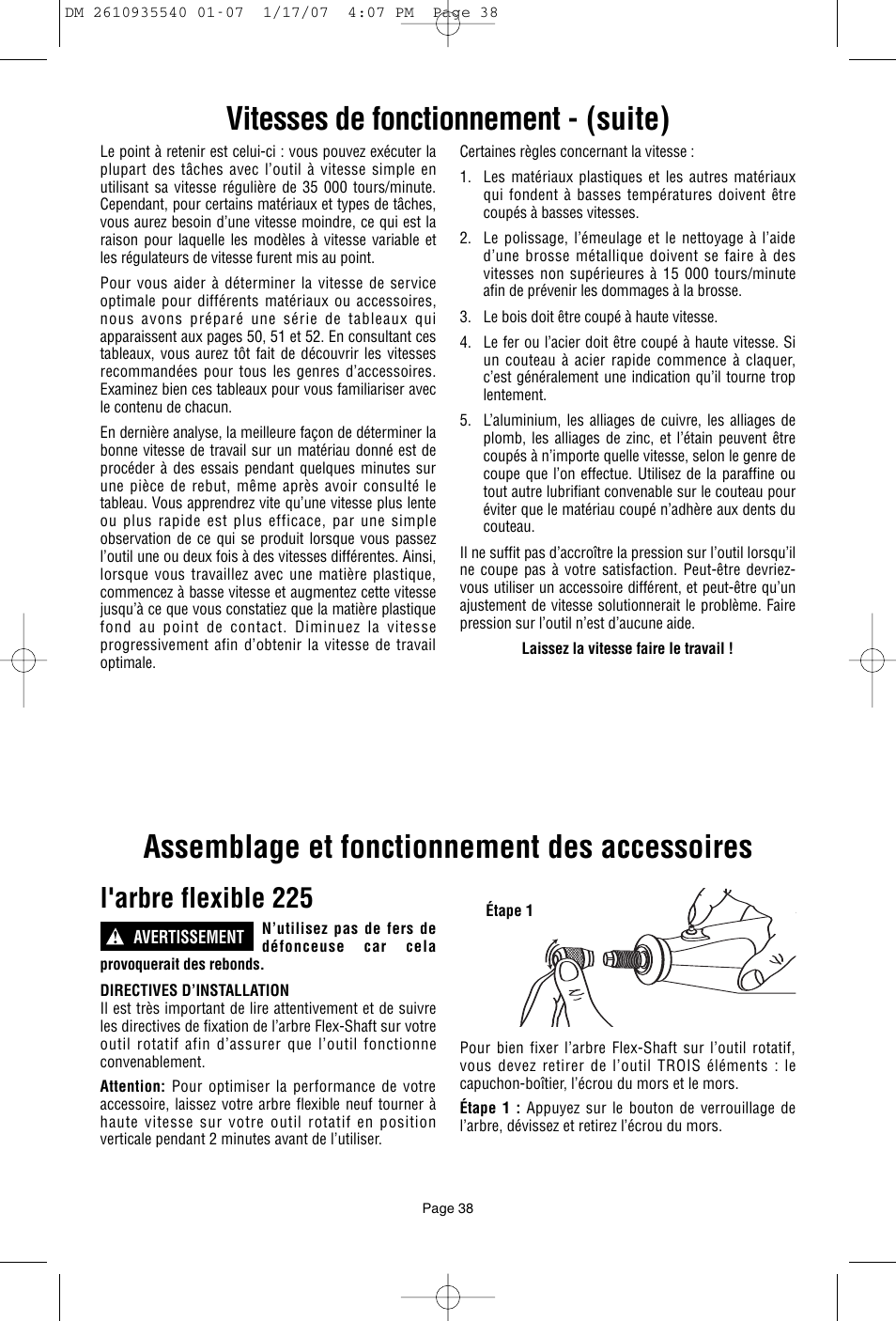 Assemblage et fonctionnement des accessoires, Vitesses de fonctionnement - (suite), L'arbre flexible 225 | Dremel F013039519 User Manual | Page 38 / 88