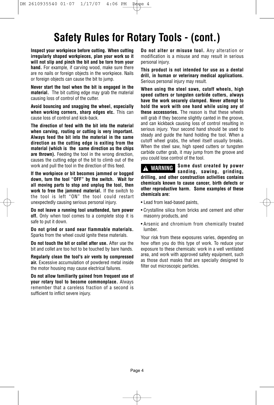 Safety rules for rotary tools - (cont.), Warning | Dremel F013039519 User Manual | Page 4 / 88