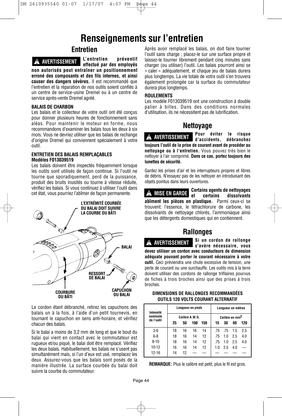 Renseignements sur l’entretien, Entretien, Nettoyage | Rallonges | Dremel F013039519 User Manual | Page 44 / 88