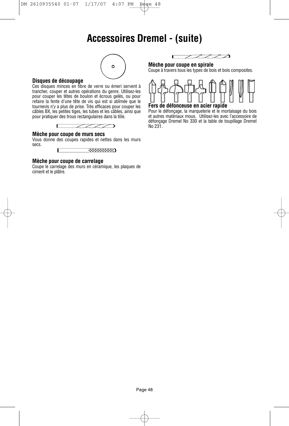 Accessoires dremel - (suite) | Dremel F013039519 User Manual | Page 48 / 88