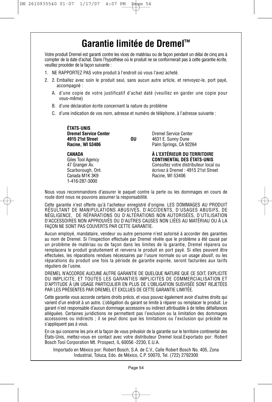 Garantie limitée de dremel | Dremel F013039519 User Manual | Page 54 / 88