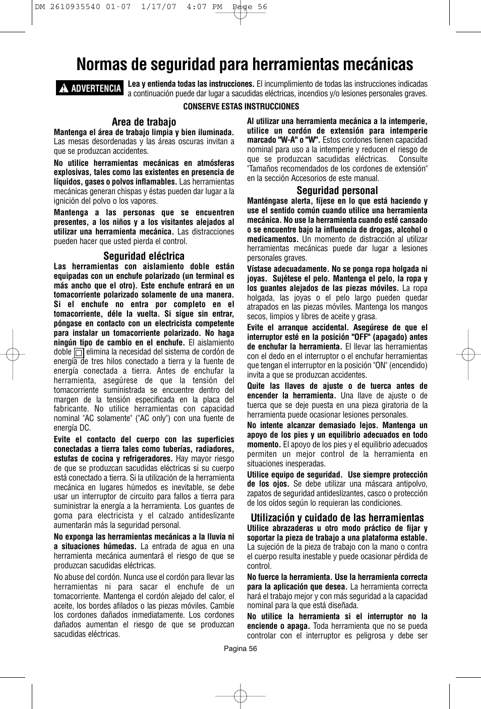 Normas de seguridad para herramientas mecánicas | Dremel F013039519 User Manual | Page 56 / 88