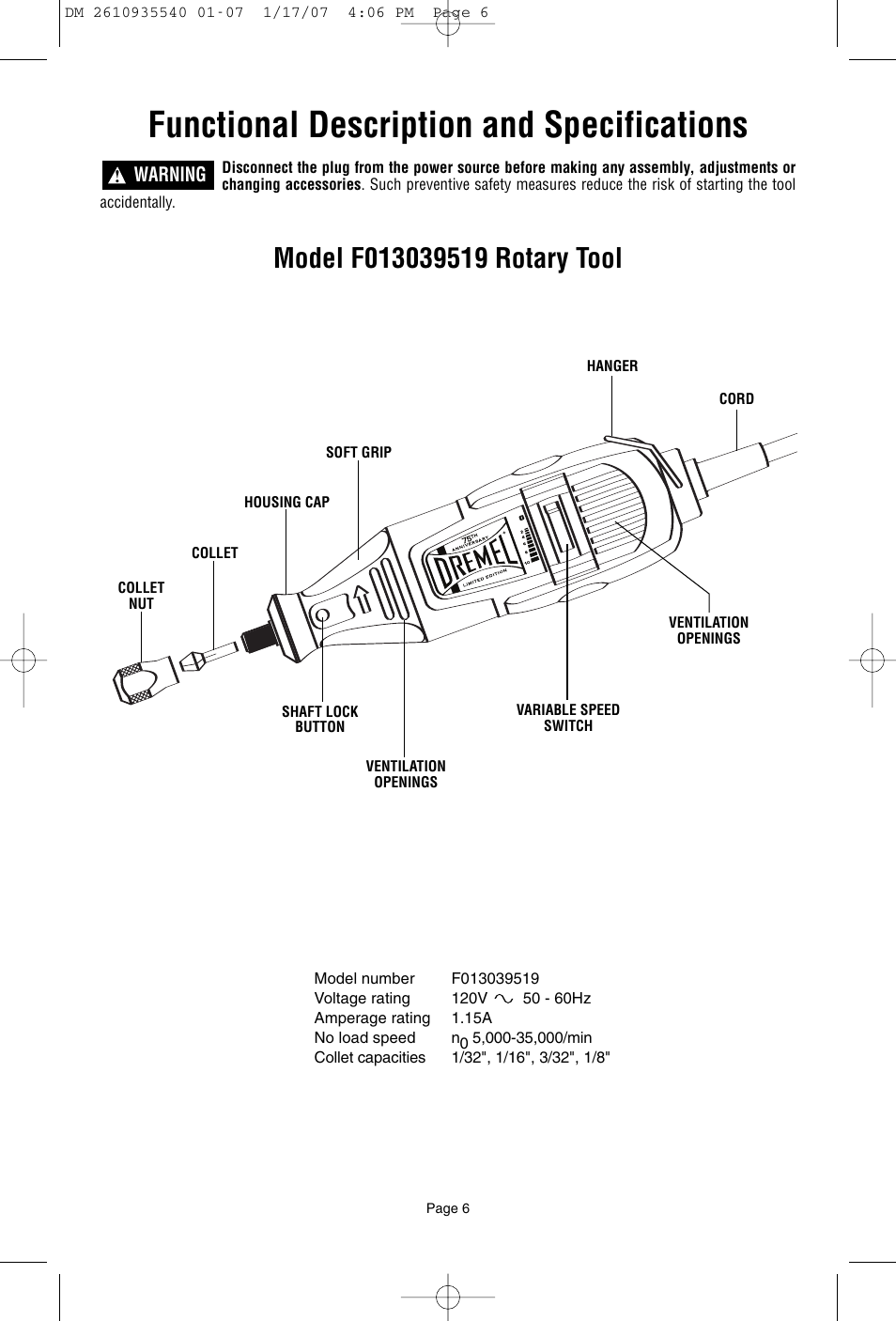 Functional description and specifications | Dremel F013039519 User Manual | Page 6 / 88