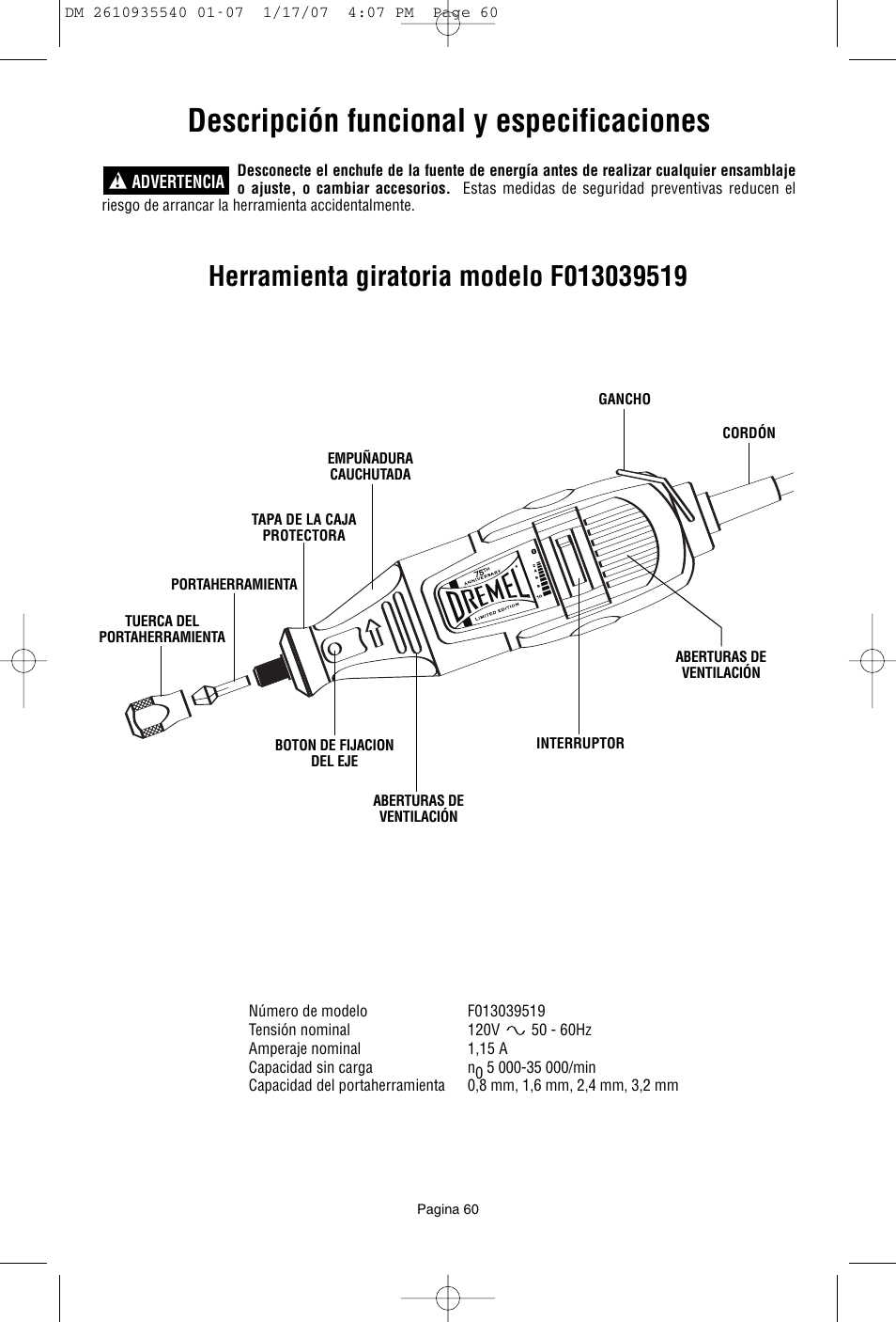 Descripción funcional y especificaciones | Dremel F013039519 User Manual | Page 60 / 88