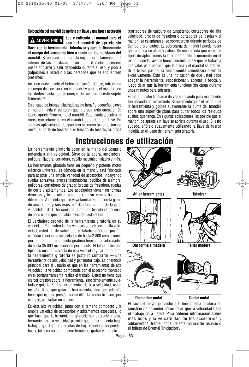 Instrucciones de utilización | Dremel F013039519 User Manual | Page 63 / 88