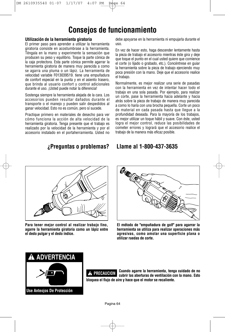 Consejos de funcionamiento, Advertencia | Dremel F013039519 User Manual | Page 64 / 88