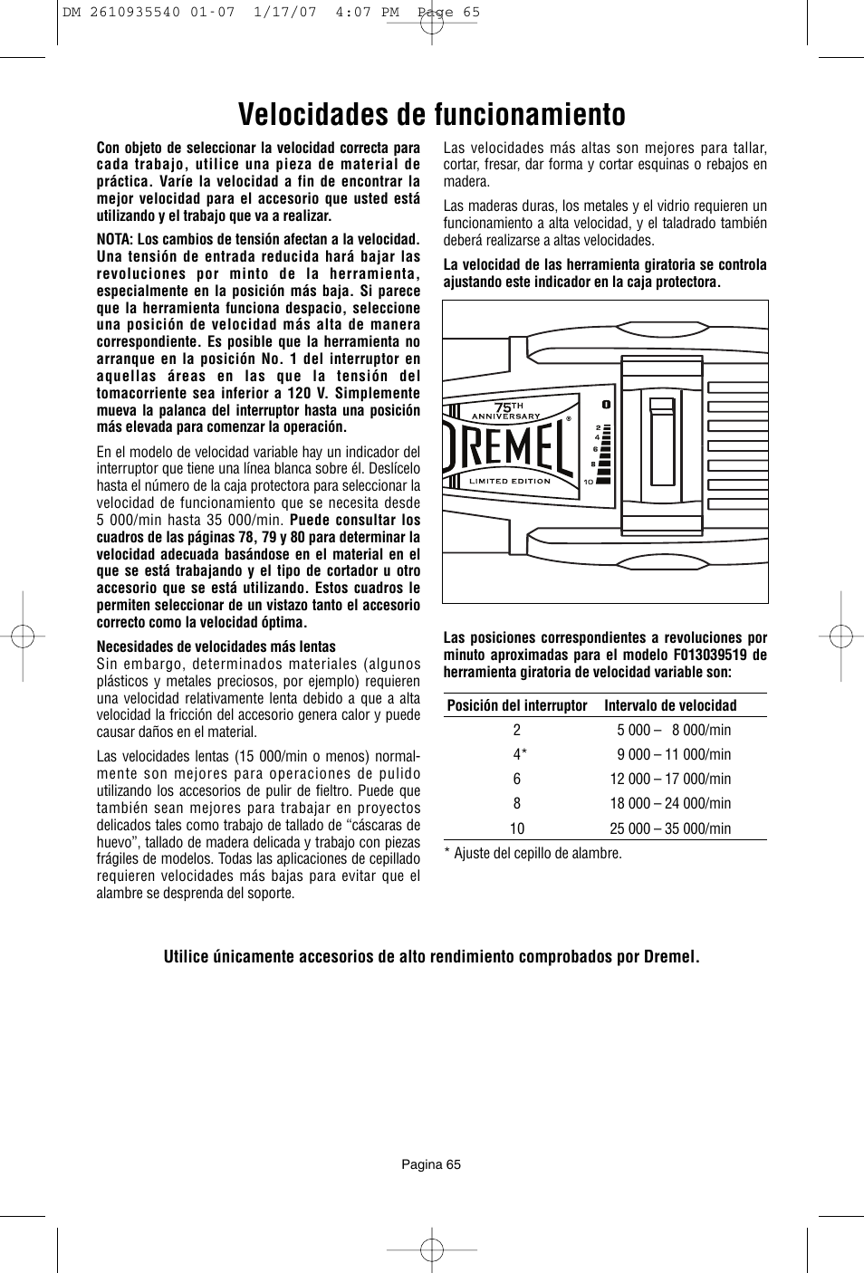 Velocidades de funcionamiento | Dremel F013039519 User Manual | Page 65 / 88