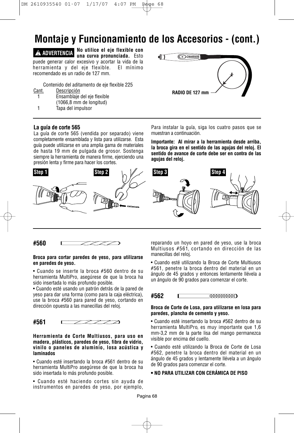 Advertencia ! la guía de corte 565, Step 1 step 2 step 3 step 4 | Dremel F013039519 User Manual | Page 68 / 88