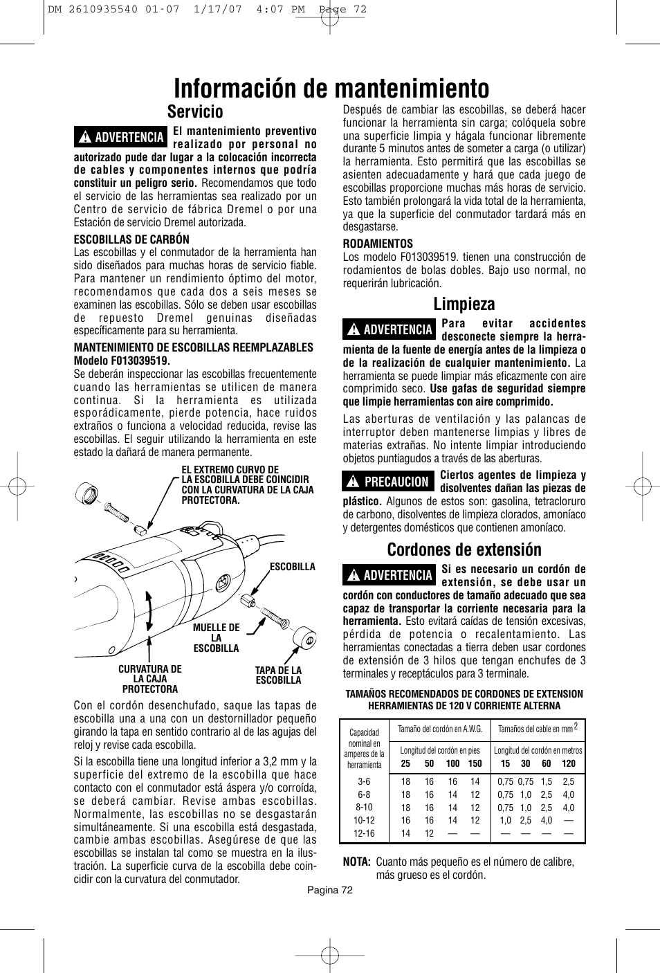 Información de mantenimiento, Servicio, Limpieza | Cordones de extensión | Dremel F013039519 User Manual | Page 72 / 88