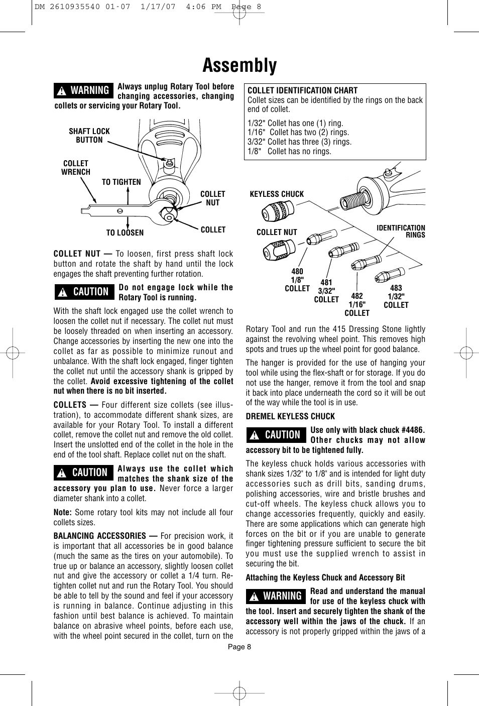 Assembly, Warning, Caution | Dremel F013039519 User Manual | Page 8 / 88