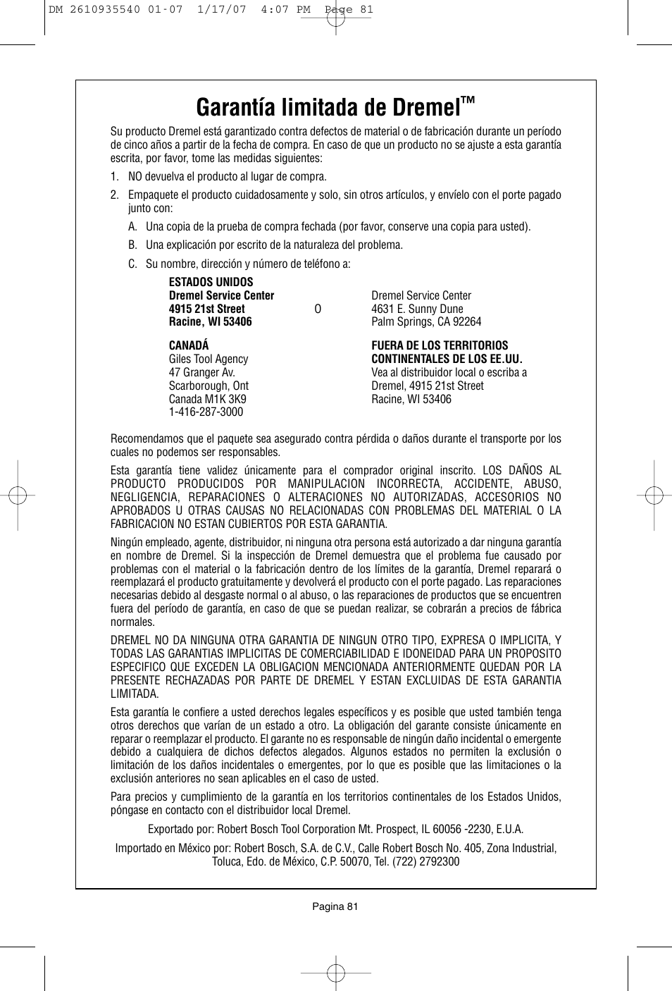 Garantía limitada de dremel | Dremel F013039519 User Manual | Page 81 / 88
