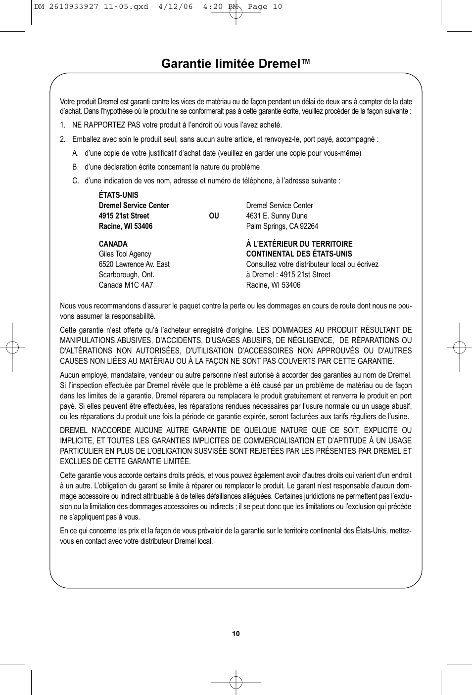 Garantie limitée dremel | Dremel 1200 User Manual | Page 10 / 16