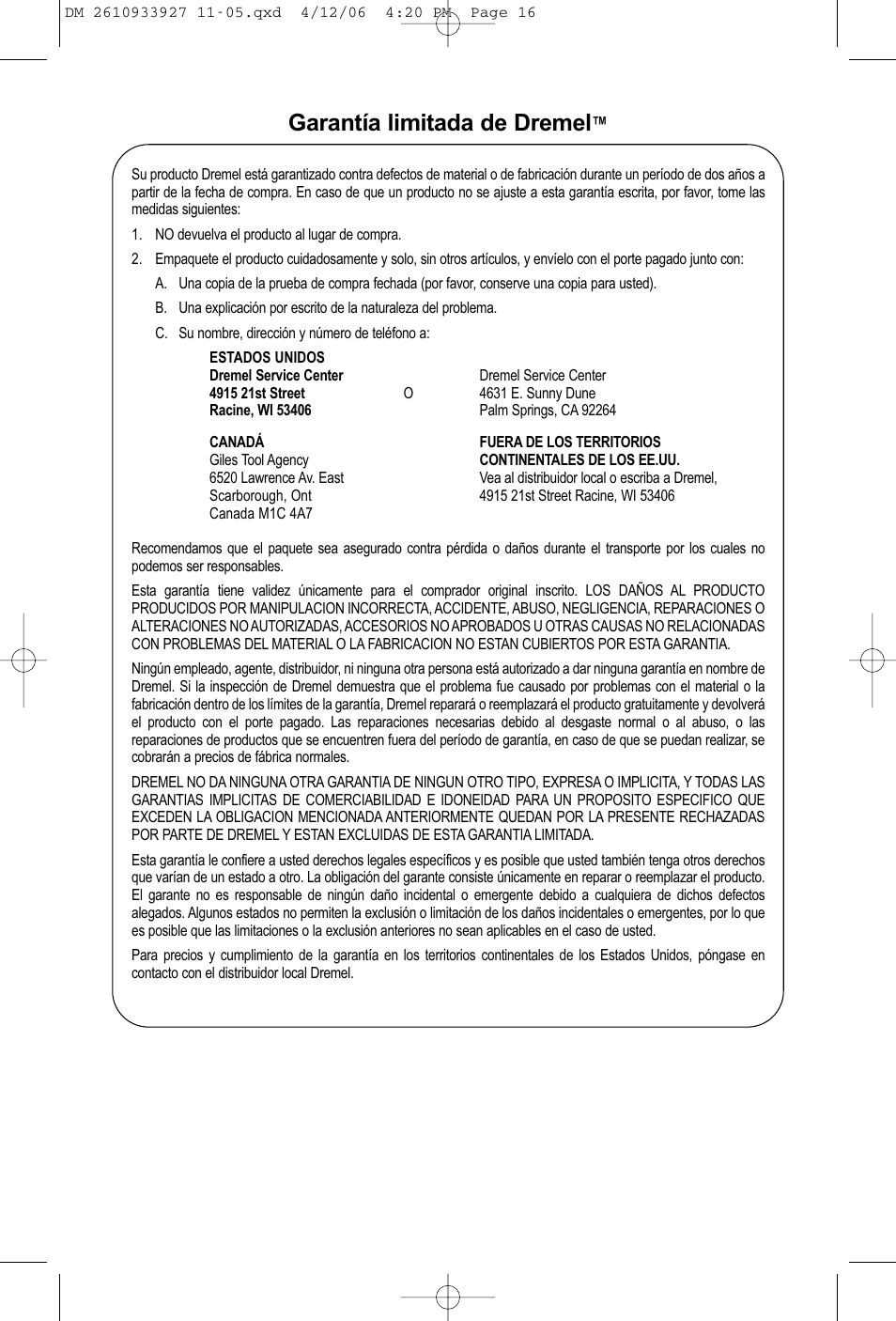 Garantía limitada de dremel | Dremel 1200 User Manual | Page 16 / 16