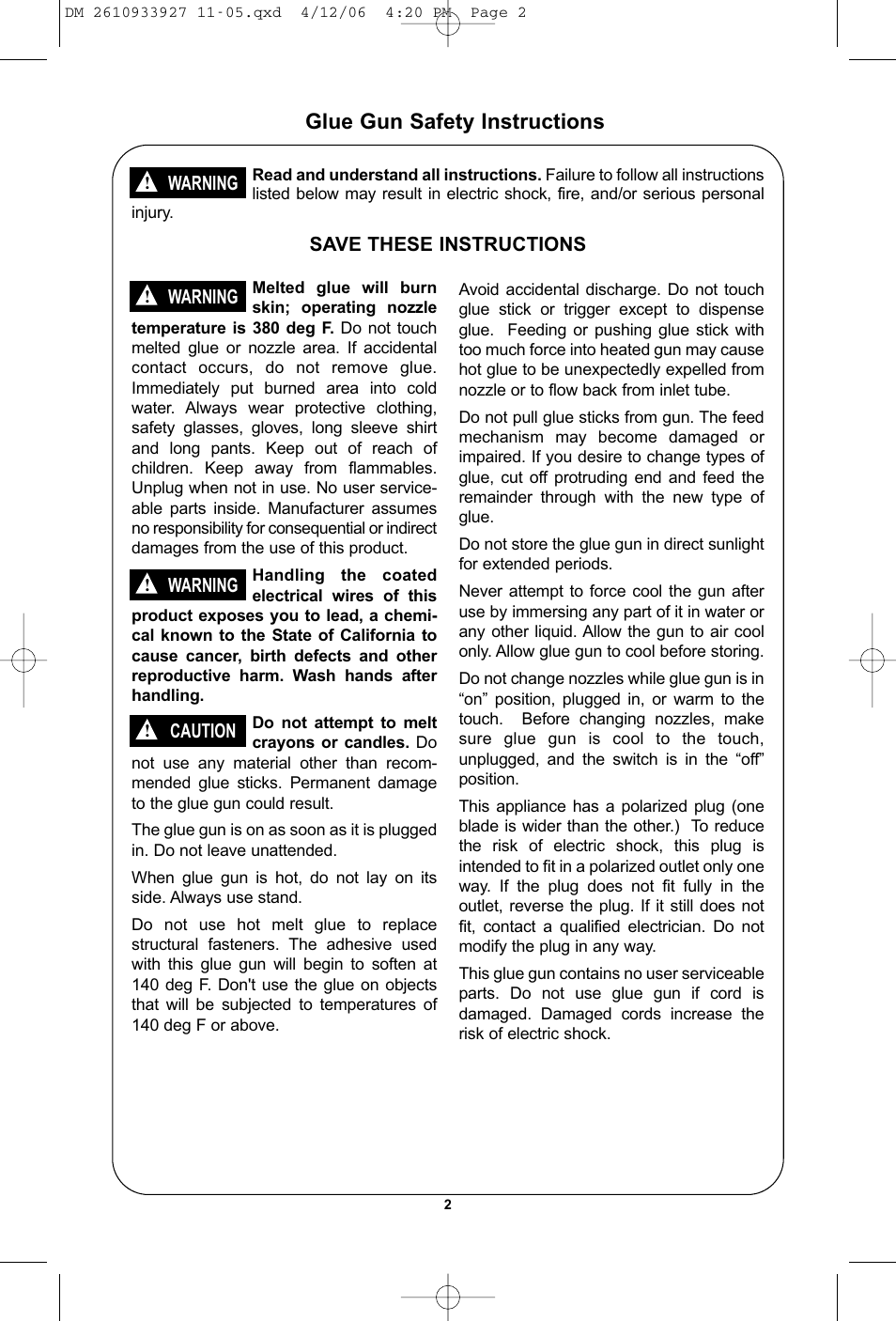 Glue gun safety instructions | Dremel 1200 User Manual | Page 2 / 16