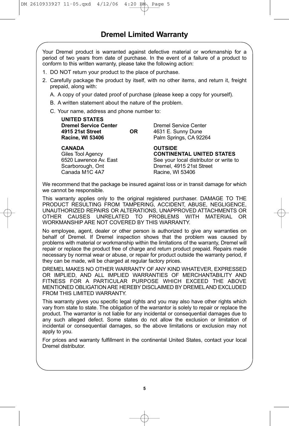 Dremel limited warranty | Dremel 1200 User Manual | Page 5 / 16