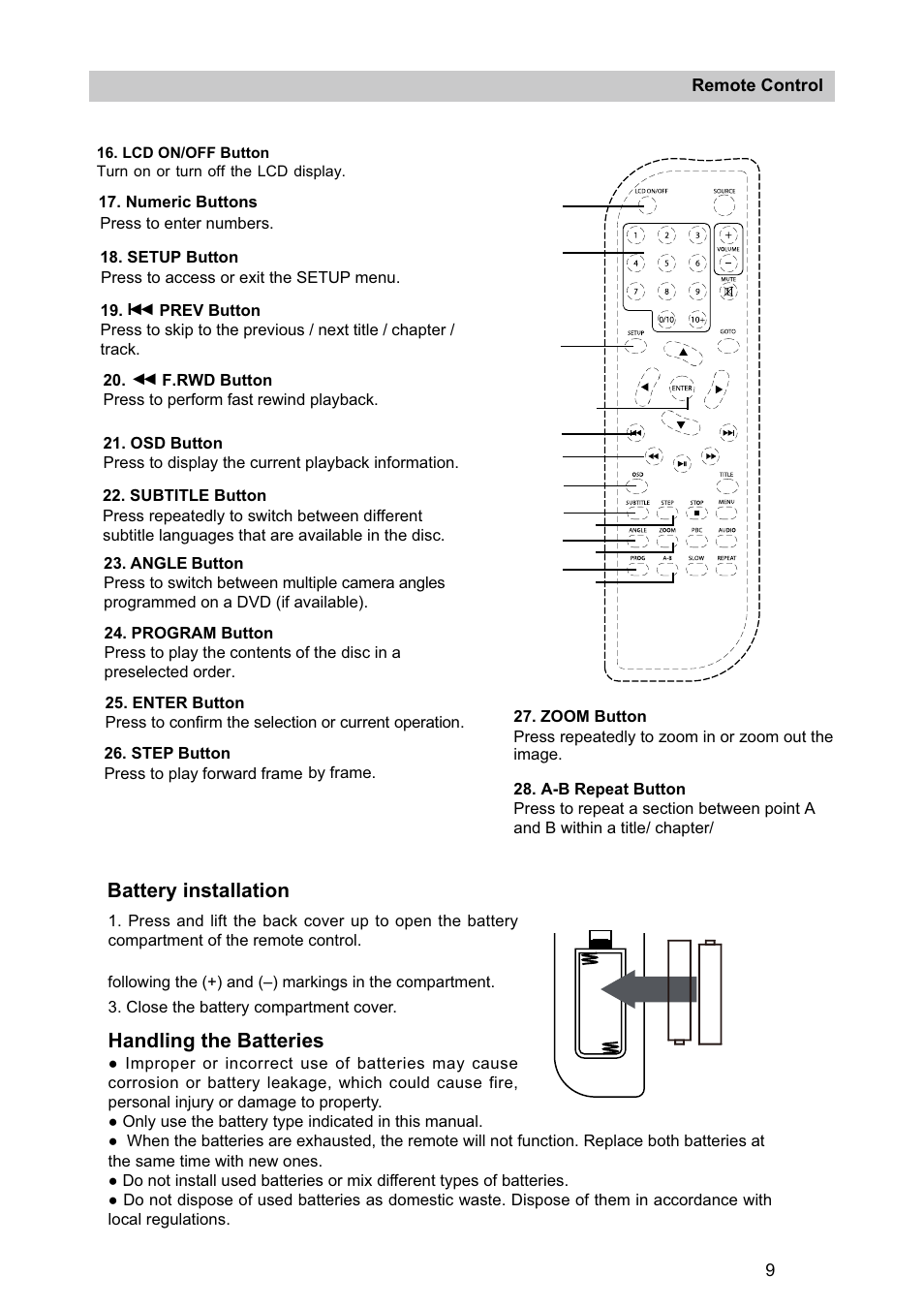 Handling the batteries, Dwwhu\lqvwdoodwlrq | Curtis SDVD7040 User Manual | Page 10 / 16