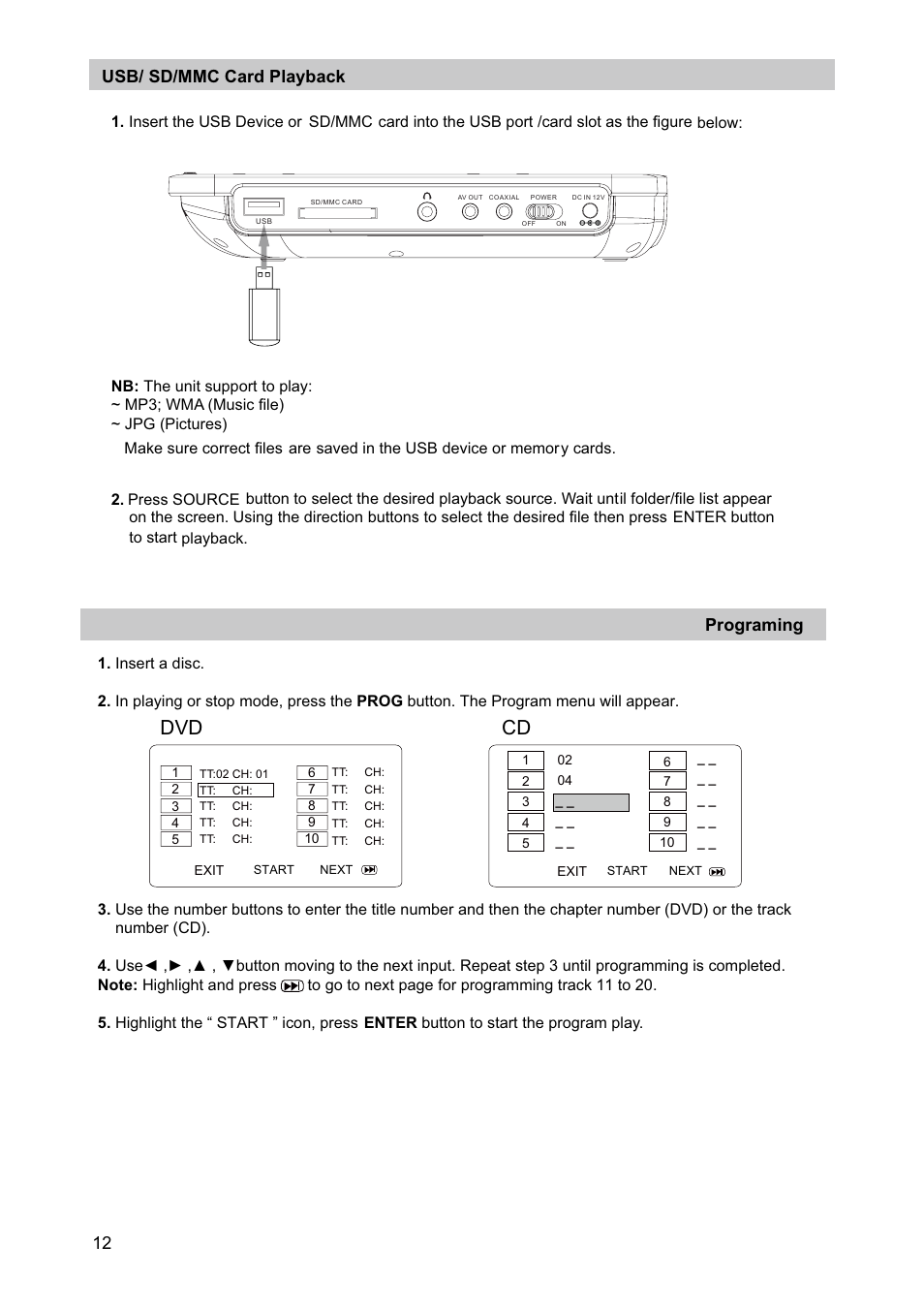 Dvd cd, Usb/ sd/mmc card playback, Programing | Curtis SDVD7040 User Manual | Page 13 / 16