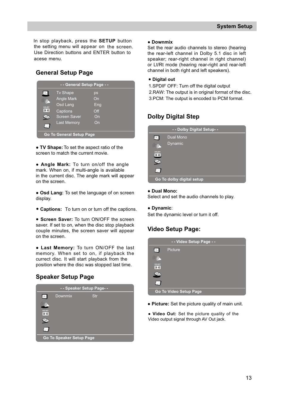 General setup page, Speaker setup page, Dolby digital step | Video setup page, System setup | Curtis SDVD7040 User Manual | Page 14 / 16