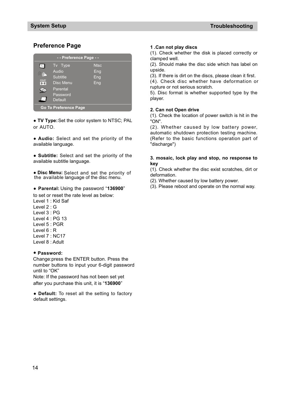 Preference page, 14 system setup, Troubleshooting | Curtis SDVD7040 User Manual | Page 15 / 16