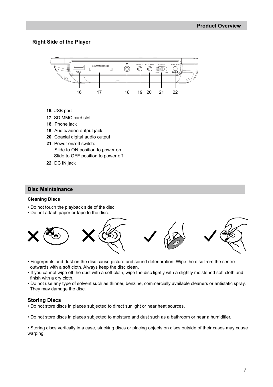 Right side of the player, Storing discs, Product overview disc maintainance | Curtis SDVD7040 User Manual | Page 8 / 16