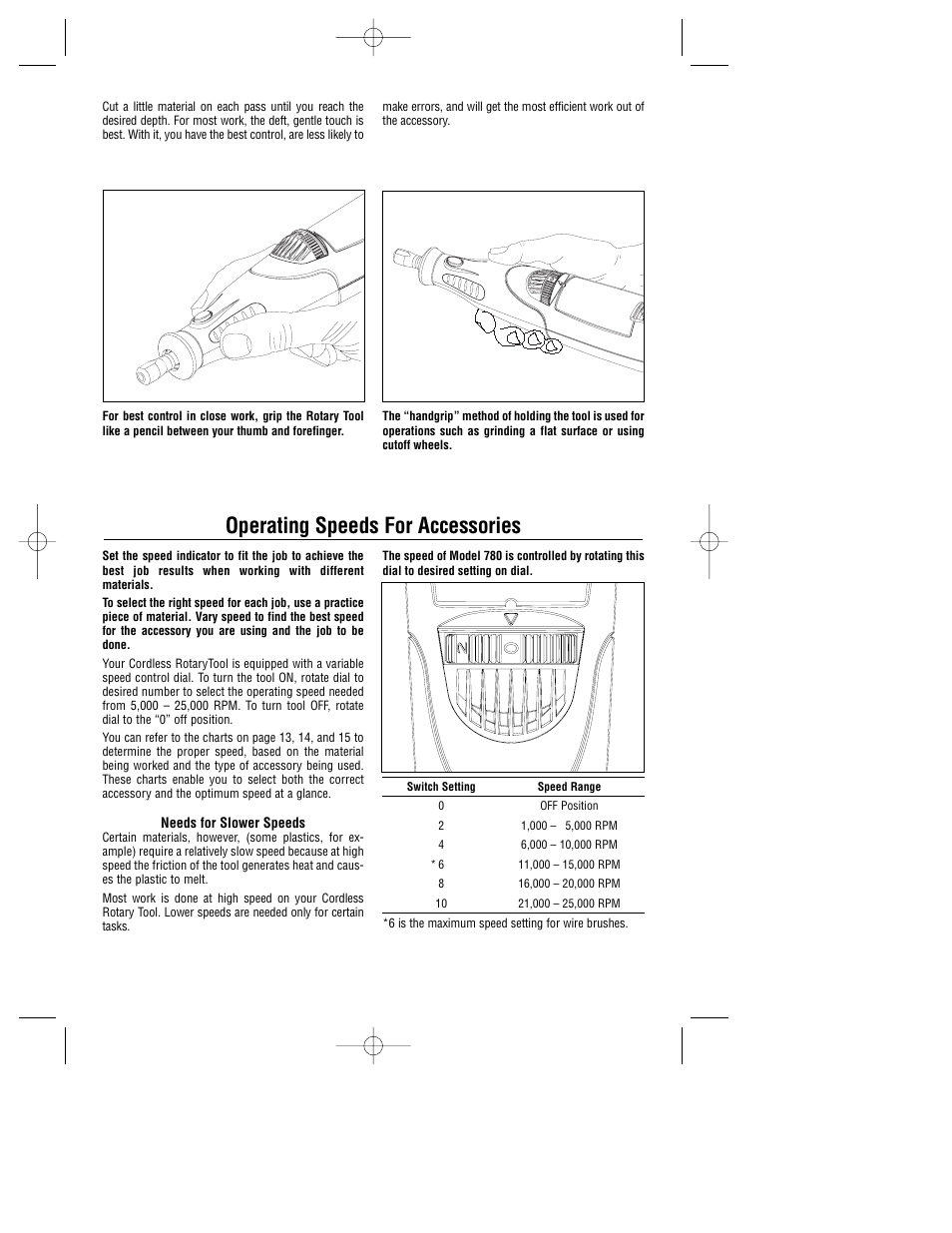 Operating speeds for accessories | Dremel 780 User Manual | Page 10 / 63