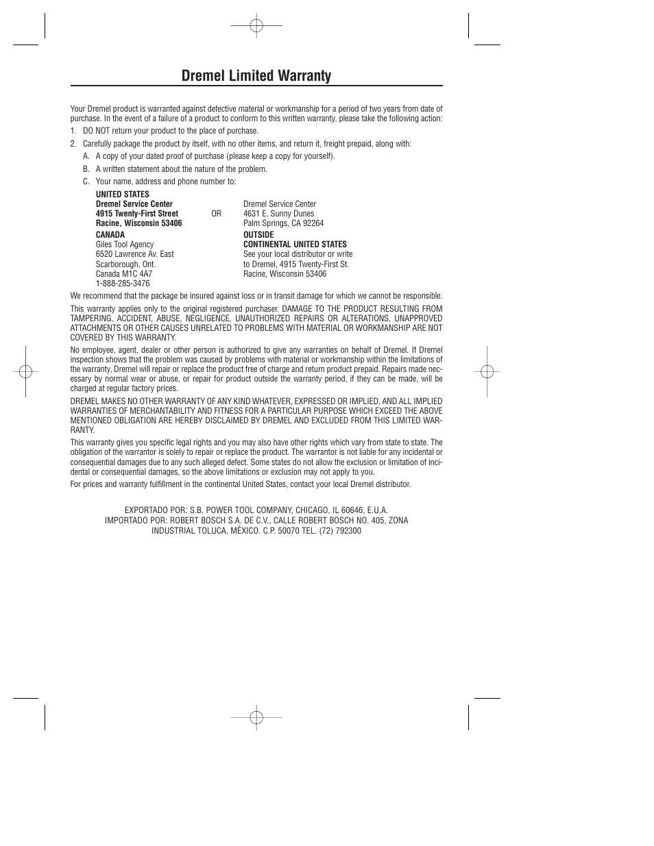 Dremel limited warranty | Dremel 780 User Manual | Page 20 / 63