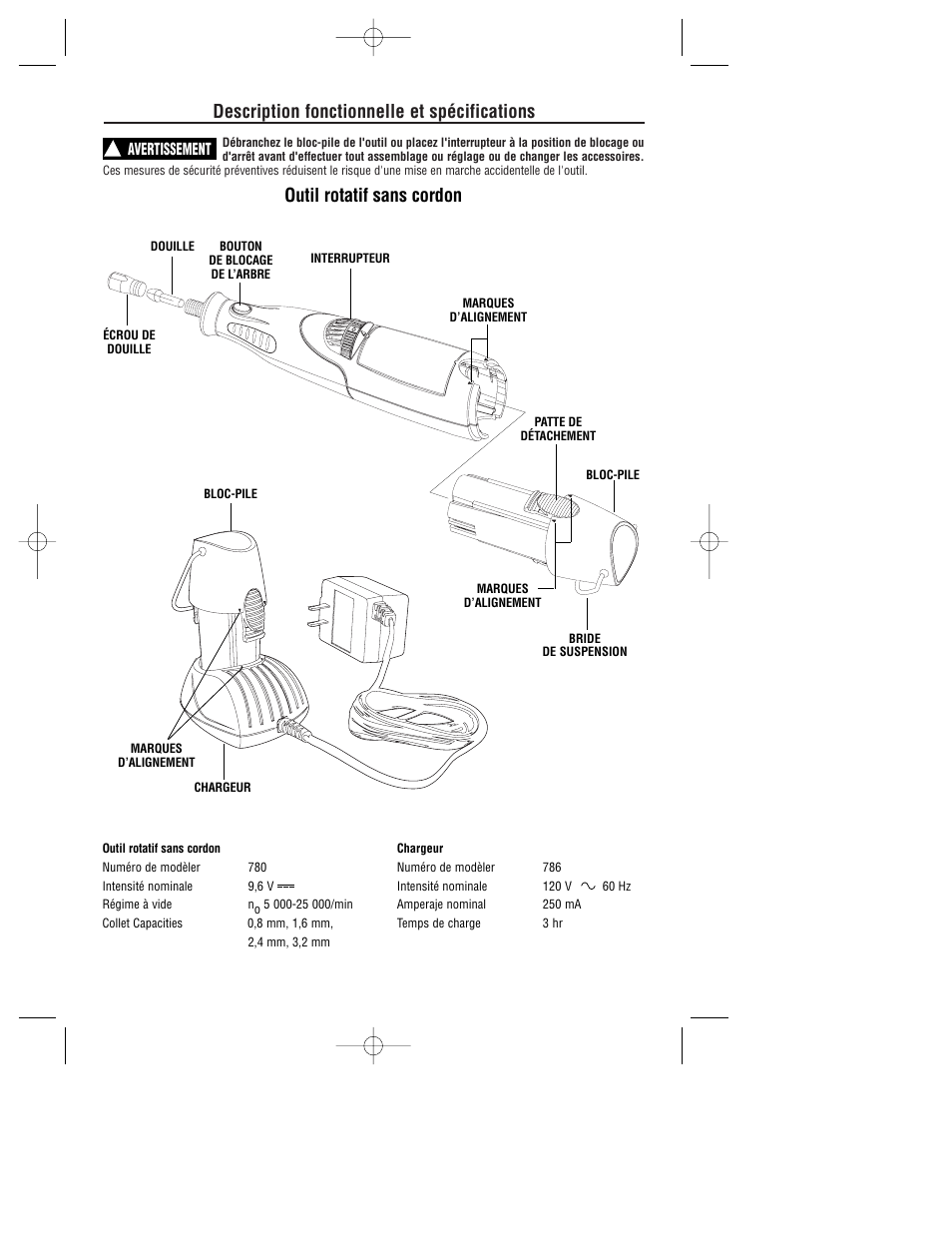 Description fonctionnelle et spécifications, Outil rotatif sans cordon, Avertissement | Dremel 780 User Manual | Page 27 / 63