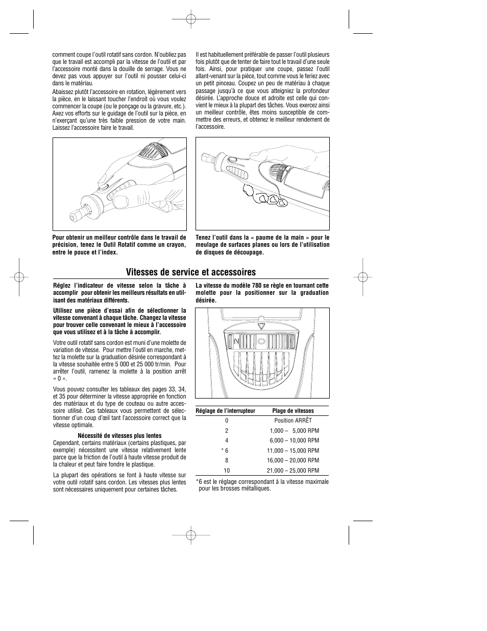 Vitesses de service et accessoires | Dremel 780 User Manual | Page 30 / 63