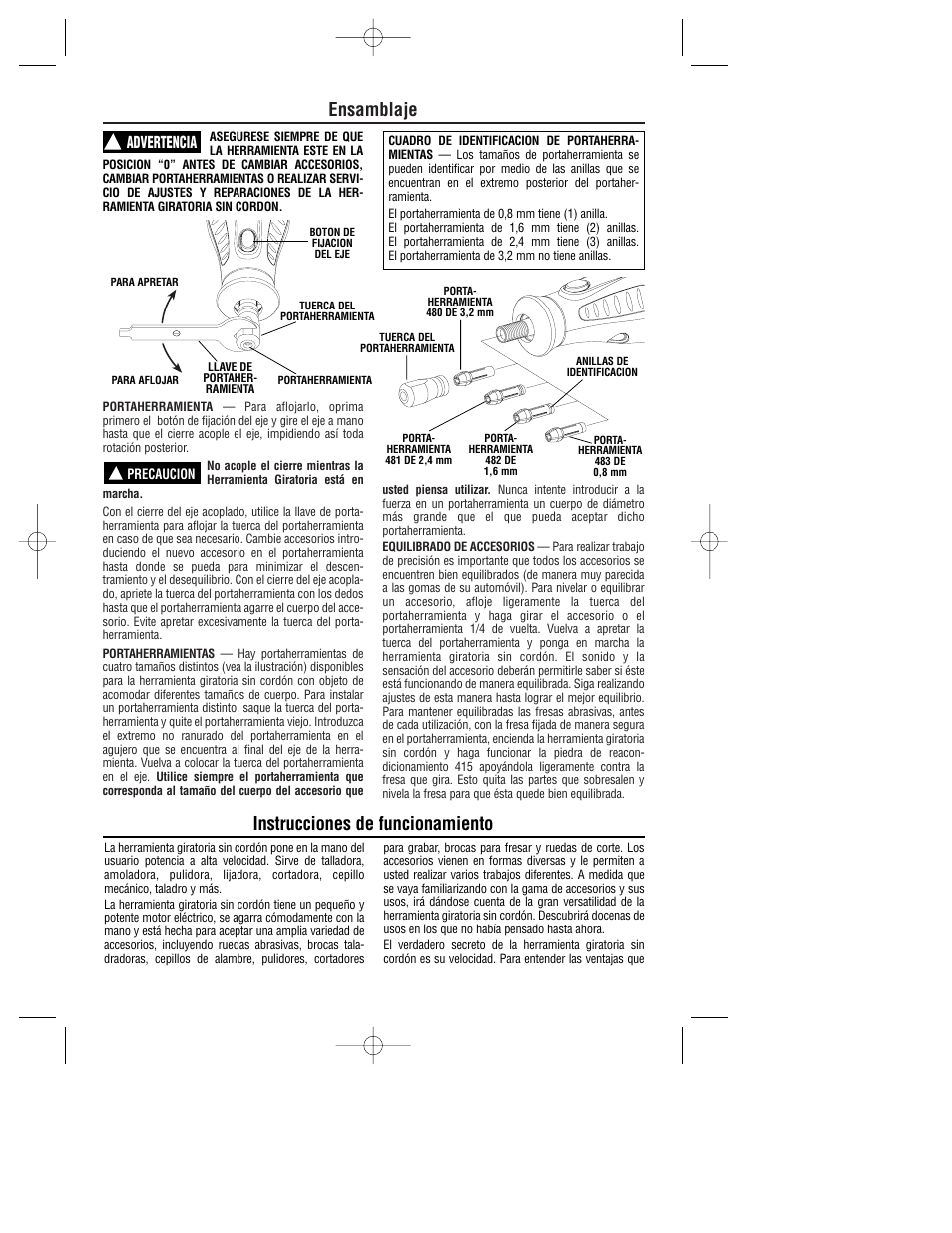 Ensamblaje, Instrucciones de funcionamiento, Advertencia | Dremel 780 User Manual | Page 48 / 63