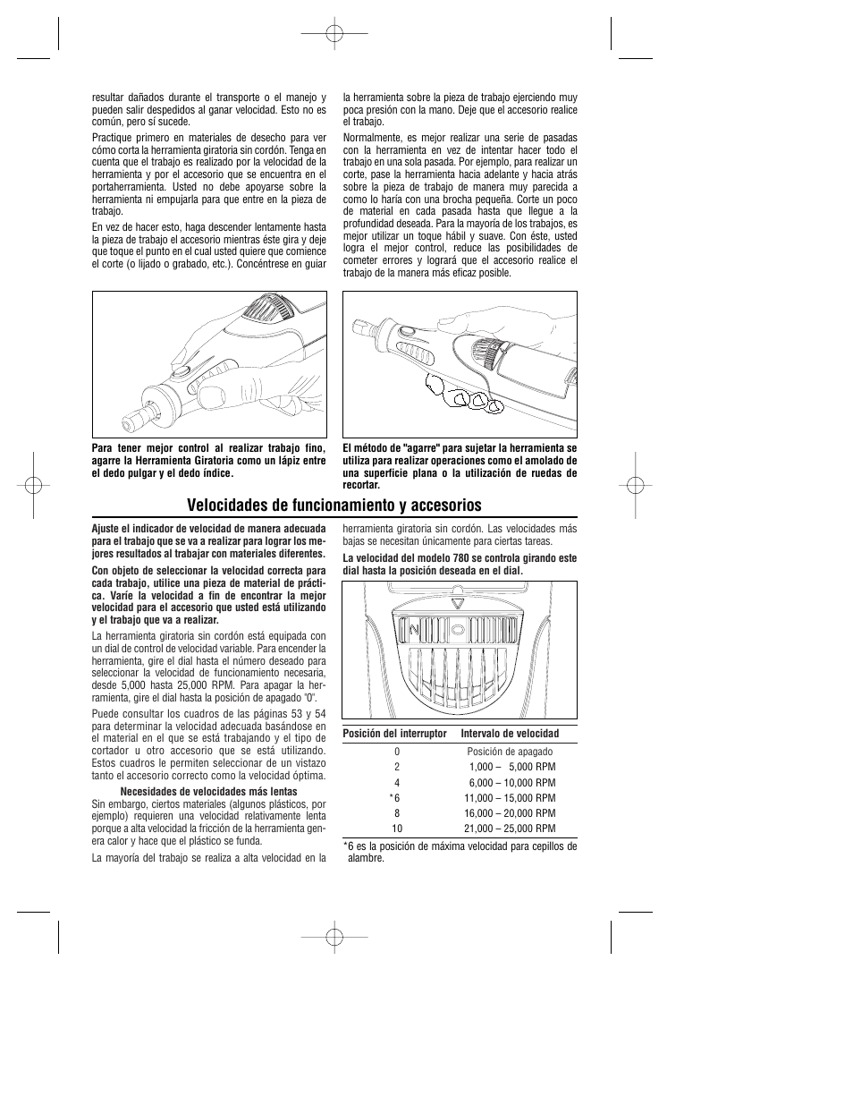 Velocidades de funcionamiento y accesorios | Dremel 780 User Manual | Page 50 / 63
