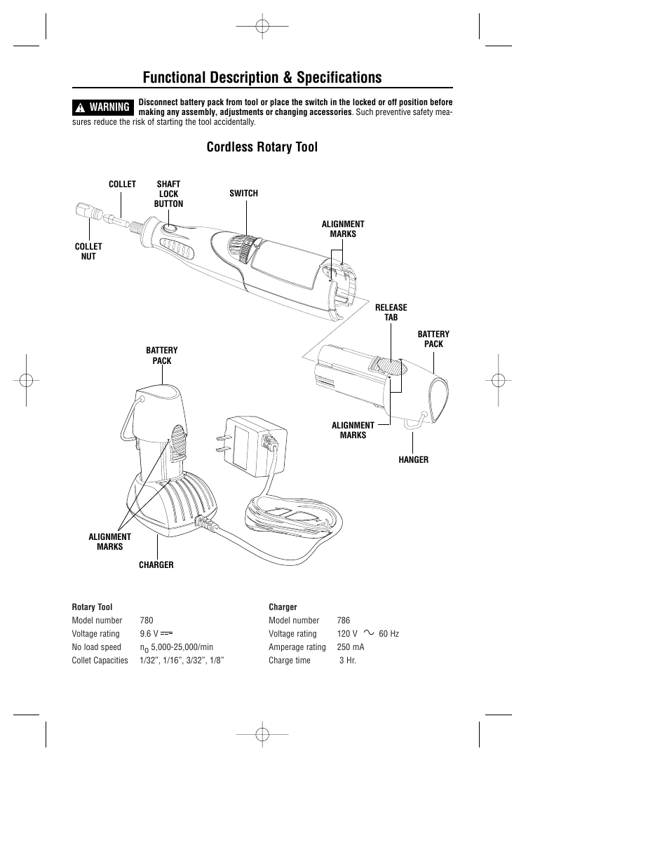 Functional description & specifications, Cordless rotary tool | Dremel 780 User Manual | Page 7 / 63