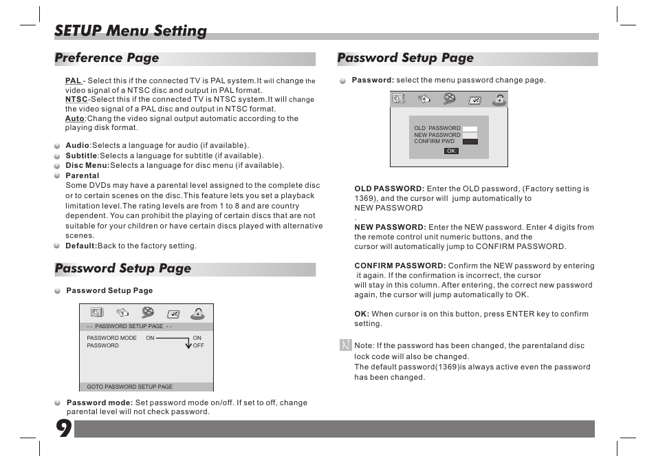 页 10, Setup menu setting, Password setup page | Preference page | Curtis SDVD7061 User Manual | Page 10 / 12