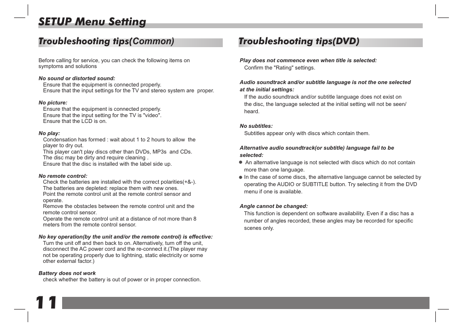 页 12, Setup menu setting, Troubleshooting tips(common) | Troubleshooting tips(dvd) | Curtis SDVD7061 User Manual | Page 12 / 12