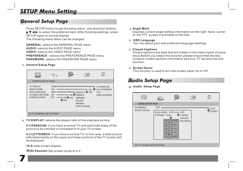 Setup menu setting, Audio setup page, General setup page | Curtis SDVD7061 User Manual | Page 8 / 12