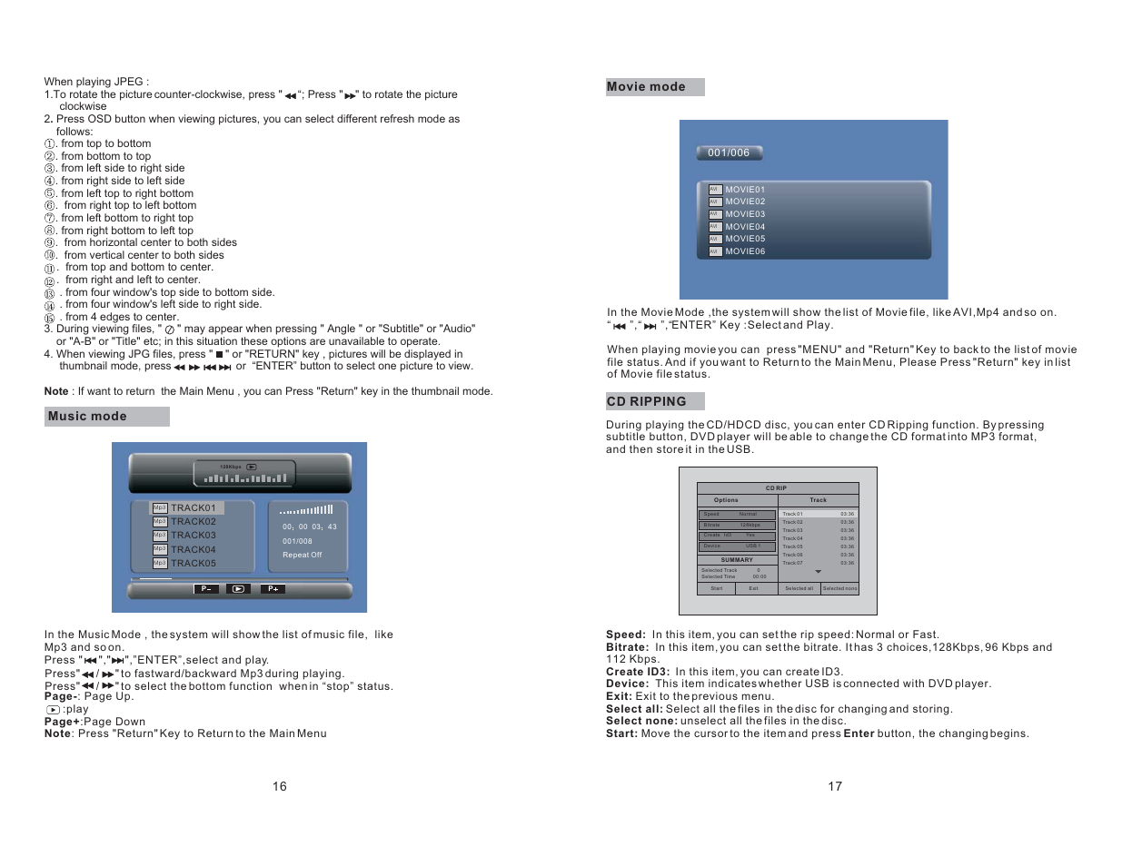 Music mode 16 17, Movie mode, Cd ripping | Curtis SDVD7068 User Manual | Page 10 / 13