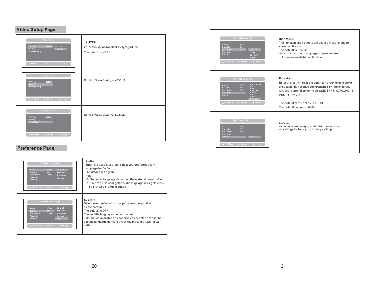 20 21 video setup page preference page | Curtis SDVD7068 User Manual | Page 12 / 13