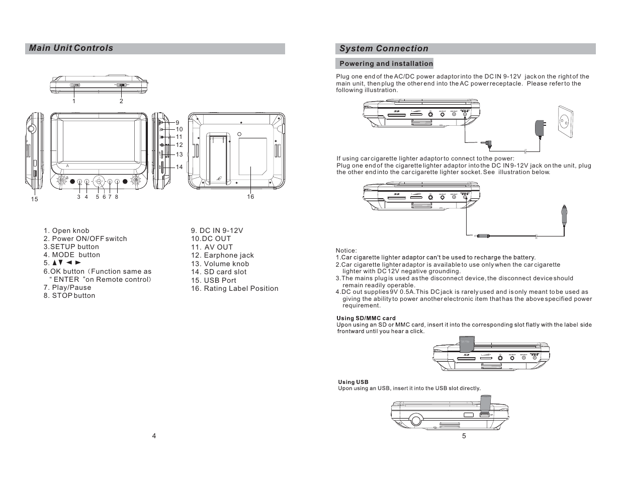 Close, Dc out av o u t, On off | System connection main unit controls | Curtis SDVD7068 User Manual | Page 4 / 13