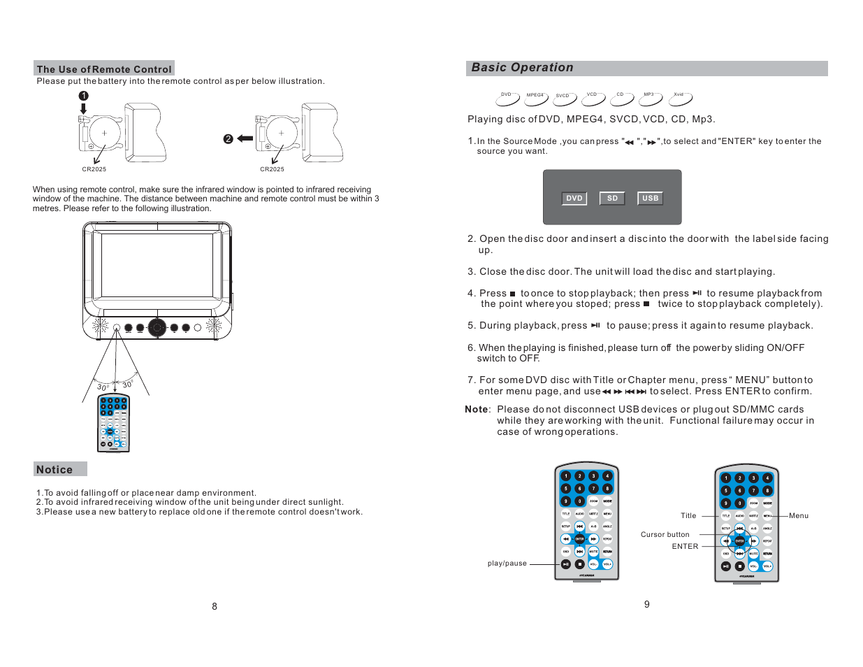 Basic operation, Notice | Curtis SDVD7068 User Manual | Page 6 / 13